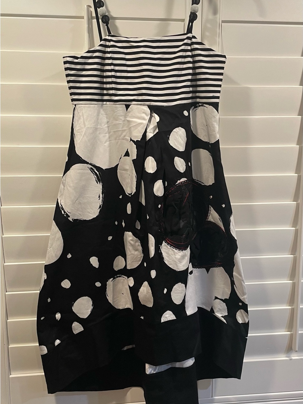 Didier Parakian High-Low Polka Dot Dress w Striped Bodice and Rosette Appliqués